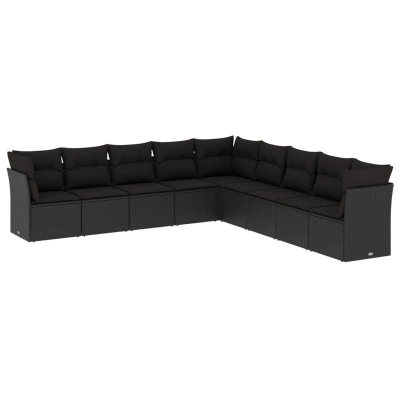 9-delige Loungeset met kussens poly rattan zwart