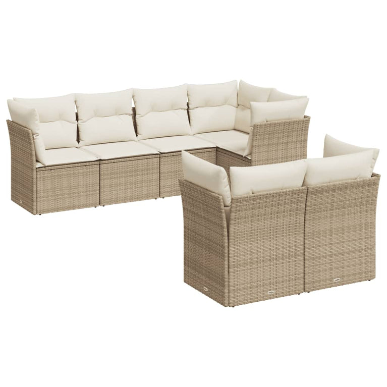 7-delige Loungeset met kussens poly rattan beige