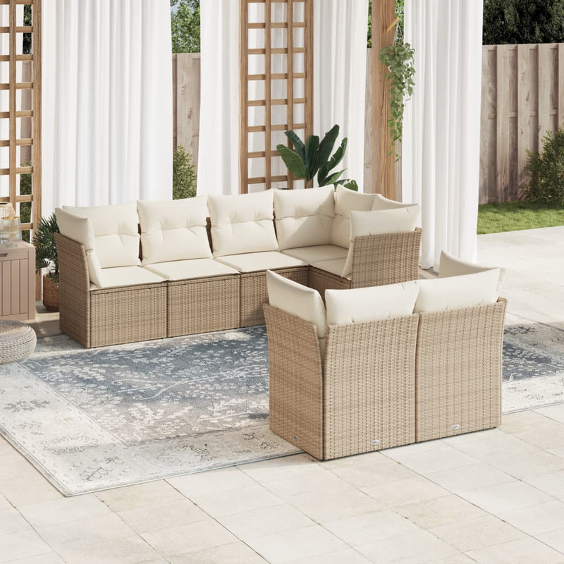 7-delige Loungeset met kussens poly rattan beige