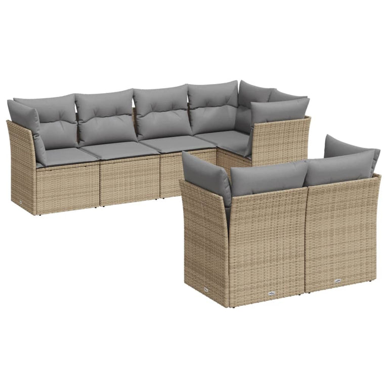 7-delige Loungeset met kussens poly rattan beige