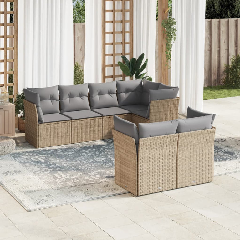 7-delige Loungeset met kussens poly rattan beige