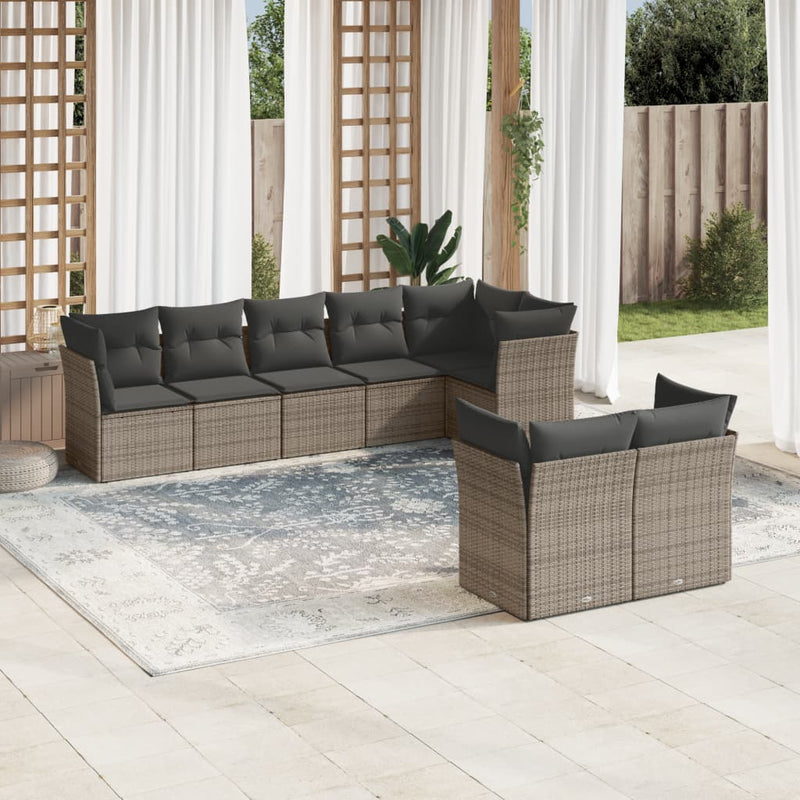 8-delige Loungeset met kussens poly rattan grijs