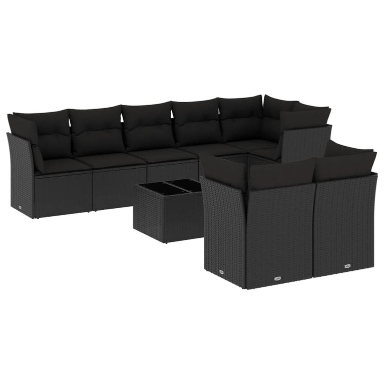 9-delige Loungeset met kussens poly rattan zwart