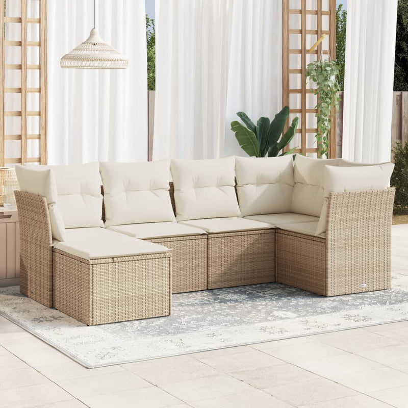 6-delige Loungeset met kussens poly rattan beige