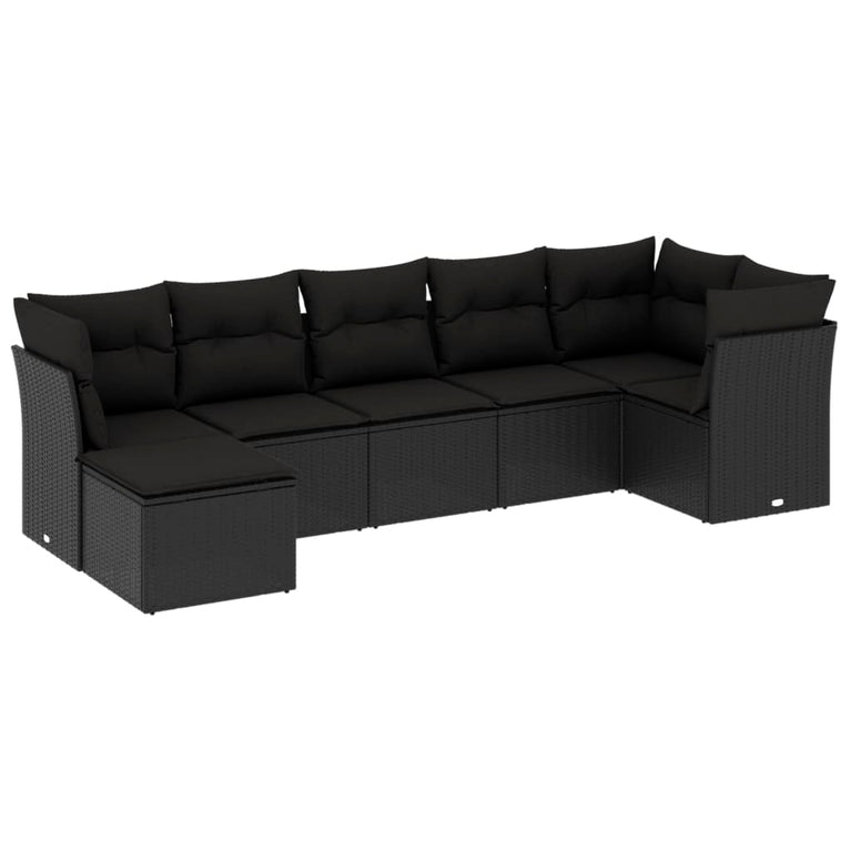 7-delige Loungeset met kussens poly rattan zwart