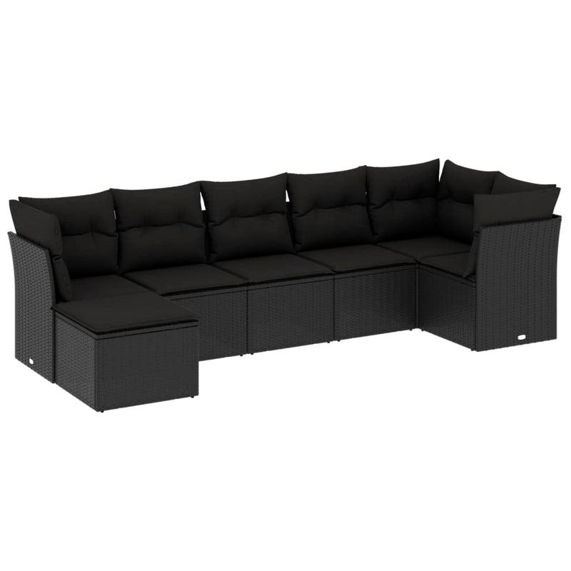 7-delige Loungeset met kussens poly rattan zwart