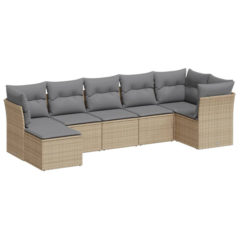 7-delige Loungeset met kussens poly rattan beige