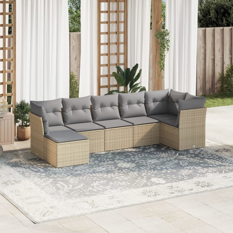 7-delige Loungeset met kussens poly rattan beige