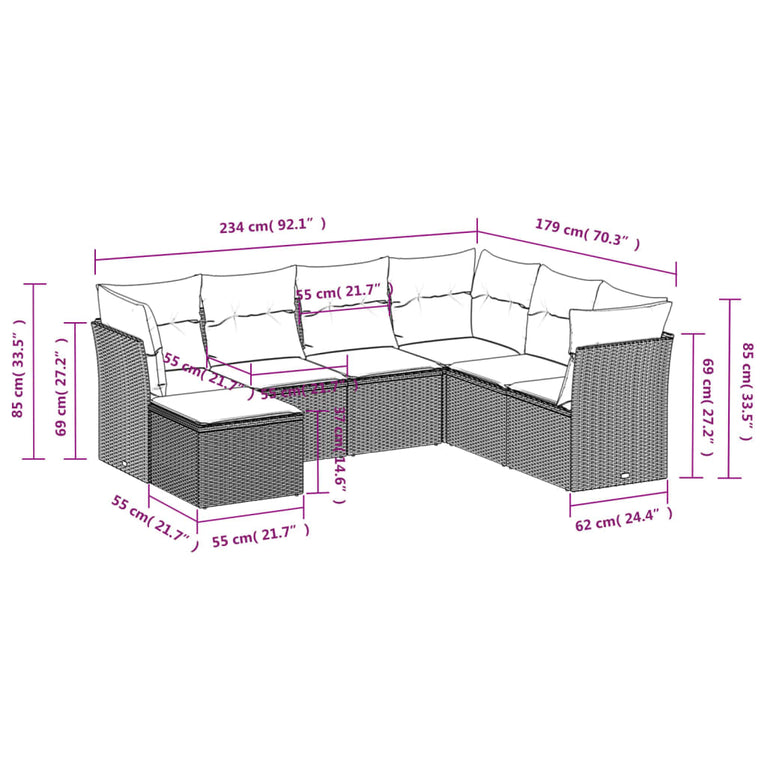 7-delige Loungeset met kussens poly rattan zwart