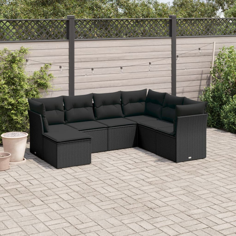 7-delige Loungeset met kussens poly rattan zwart
