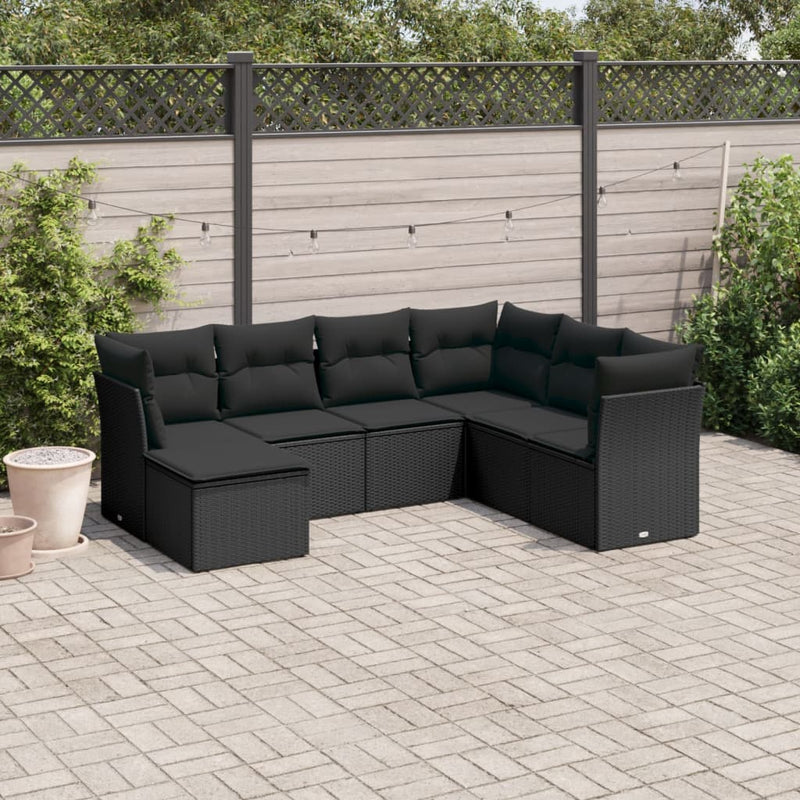 7-delige Loungeset met kussens poly rattan zwart
