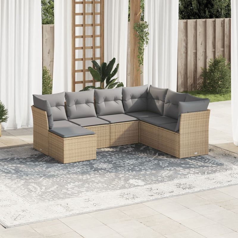 7-delige Loungeset met kussens poly rattan beige