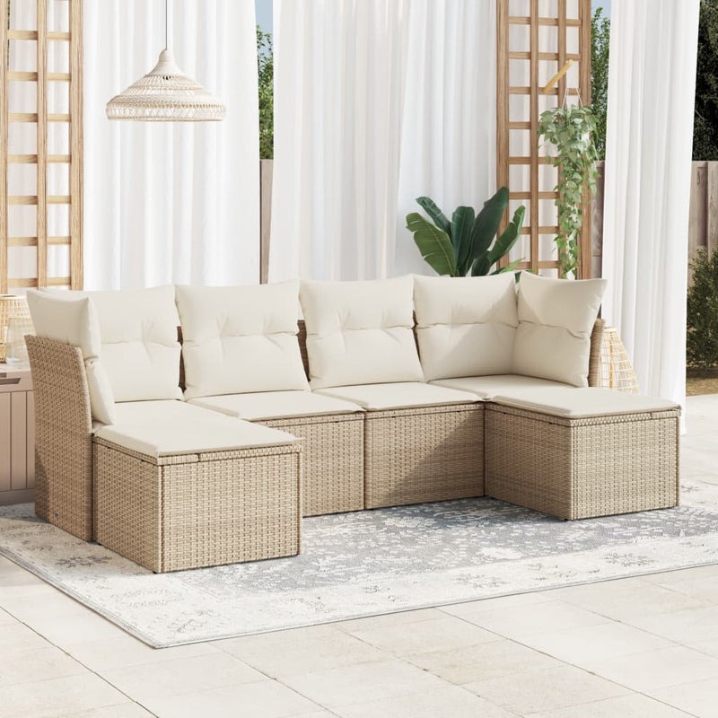 6-delige Loungeset met kussens poly rattan beige