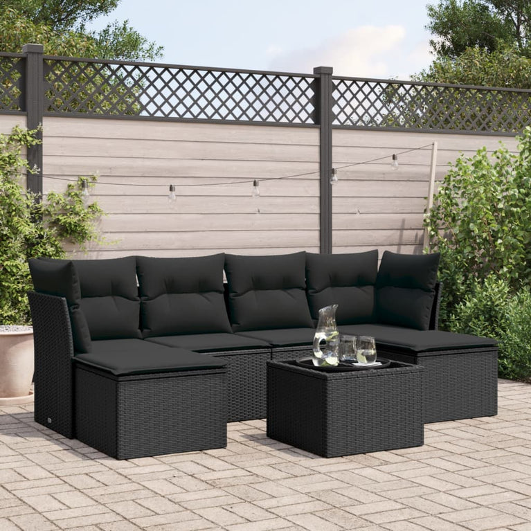 7-delige Loungeset met kussens poly rattan zwart