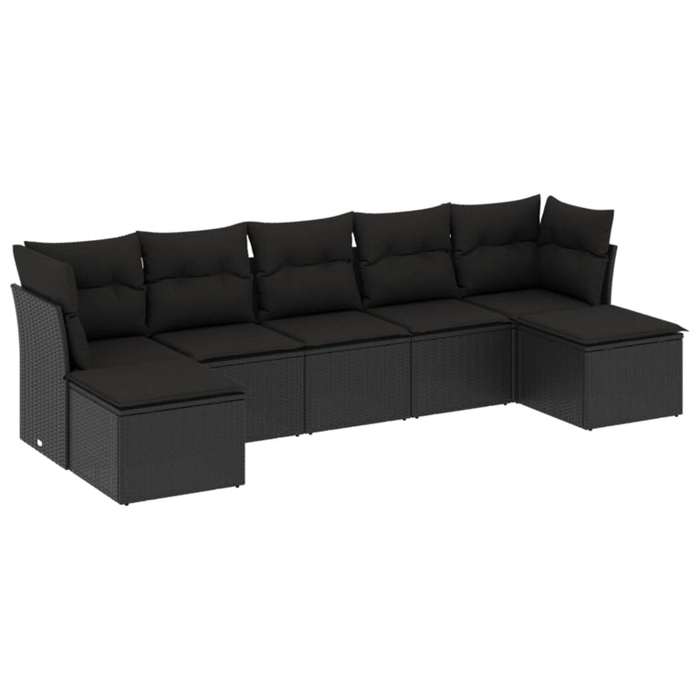 7-delige Loungeset met kussens poly rattan zwart