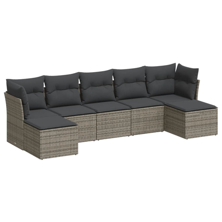 7-delige Loungeset met kussens poly rattan grijs