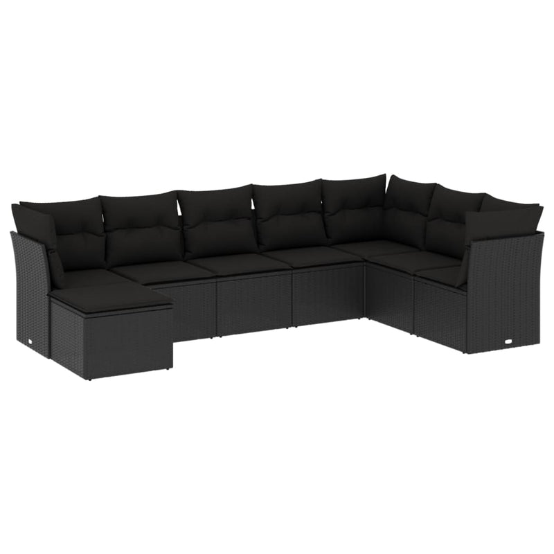 8-delige Loungeset met kussens poly rattan zwart