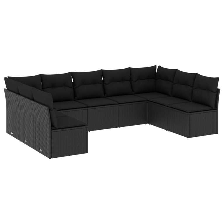 9-delige Loungeset met kussens poly rattan zwart