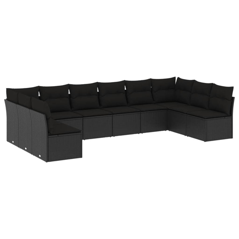 10-delige Loungeset met kussens poly rattan zwart