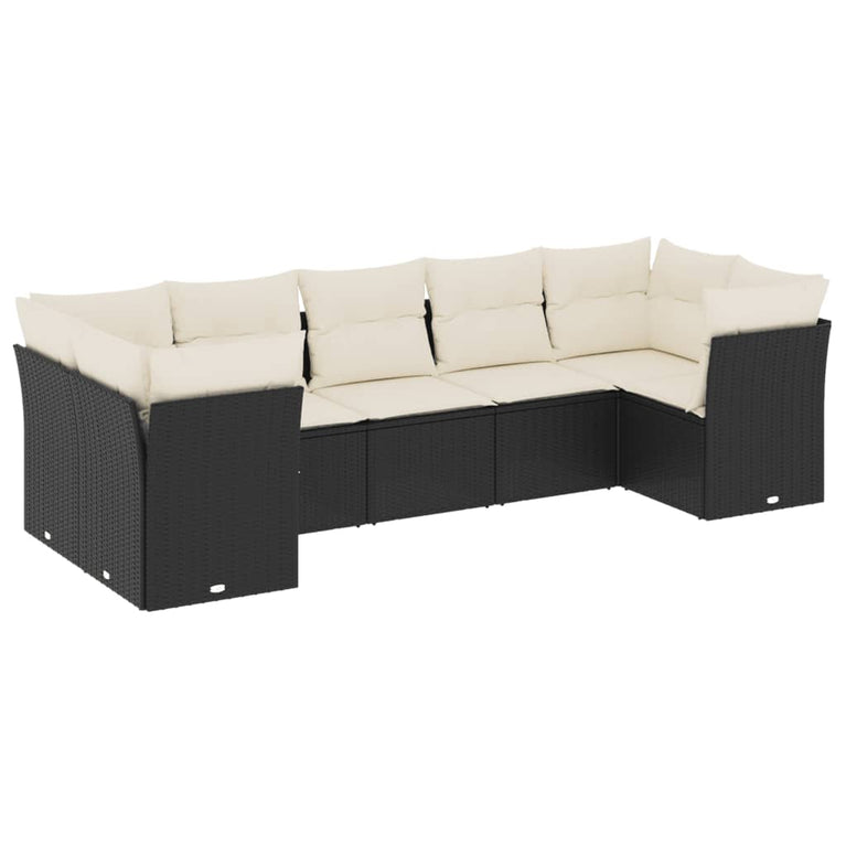 7-delige Loungeset met kussens poly rattan zwart