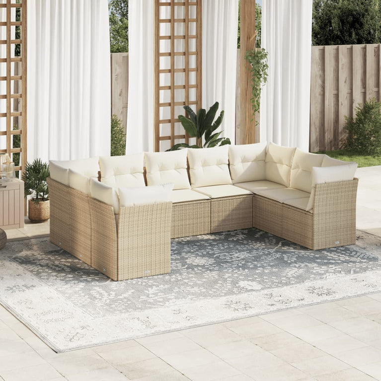 9-delige Loungeset met kussens poly rattan beige