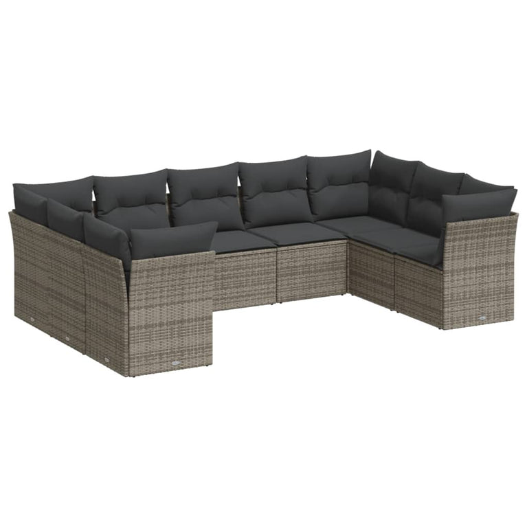9-delige Loungeset met kussens poly rattan grijs