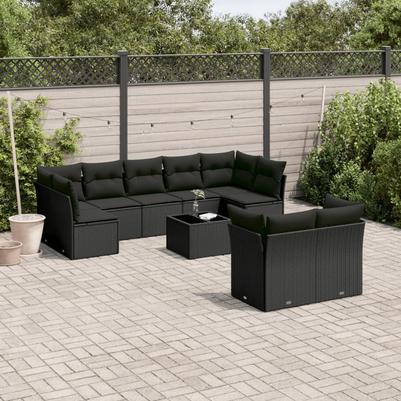 10-delige Loungeset met kussens poly rattan zwart