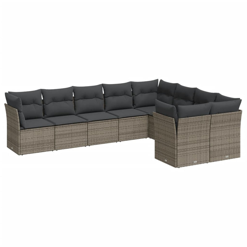 9-delige Loungeset met kussens poly rattan grijs