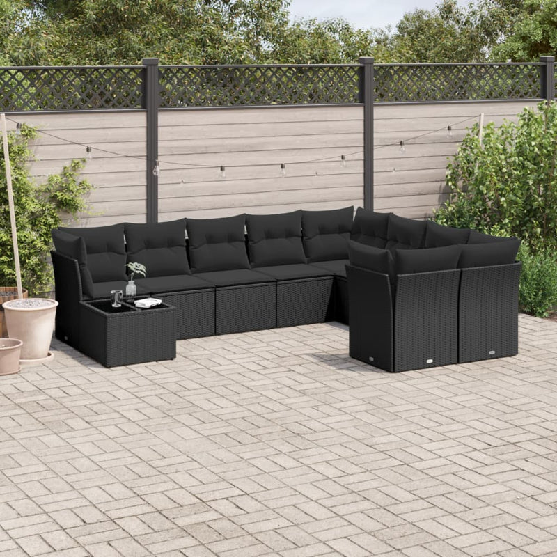 10-delige Loungeset met kussens poly rattan zwart