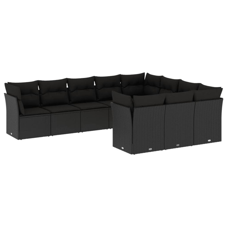10-delige Loungeset met kussens poly rattan zwart