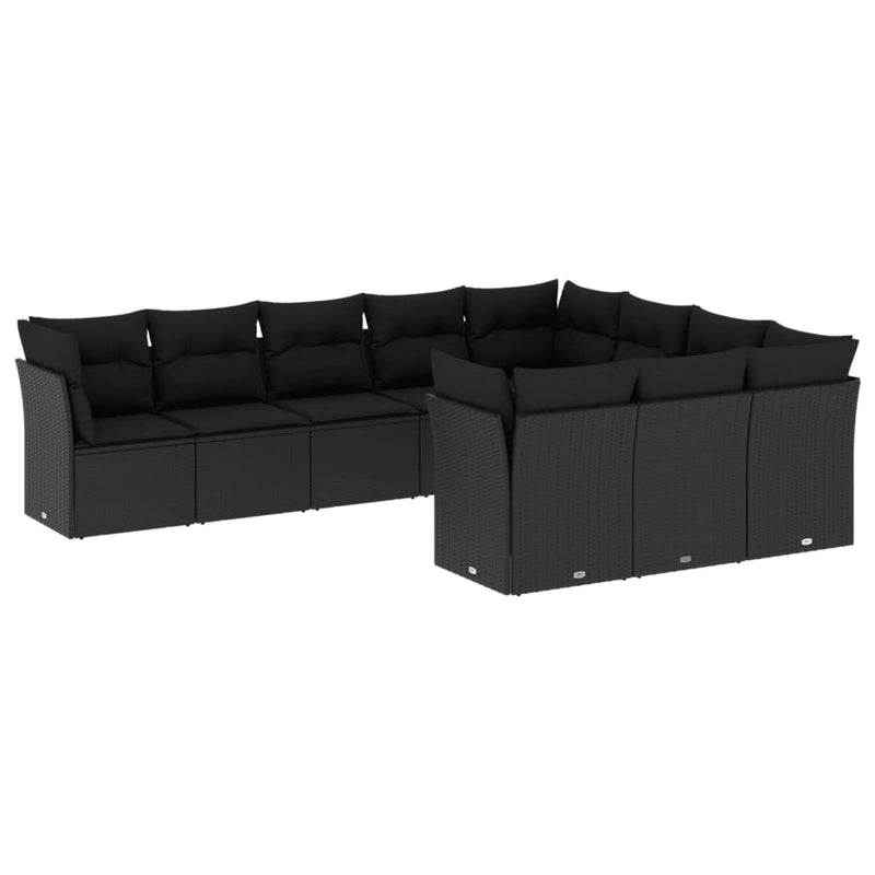 10-delige Loungeset met kussens poly rattan zwart