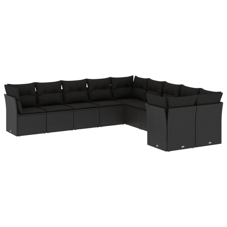 10-delige Loungeset met kussens poly rattan zwart
