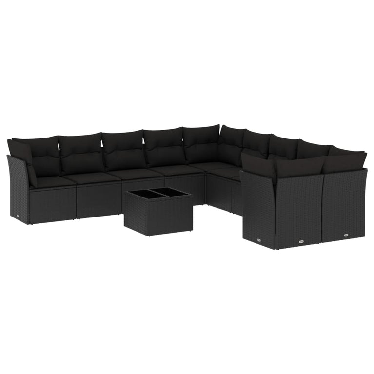 11-delige Loungeset met kussens poly rattan zwart