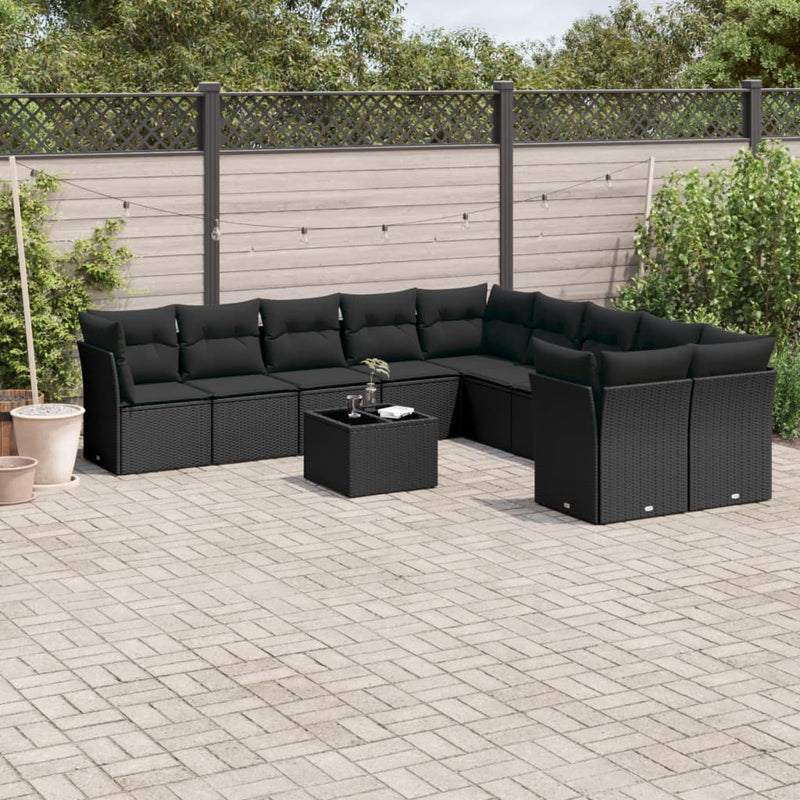 11-delige Loungeset met kussens poly rattan zwart