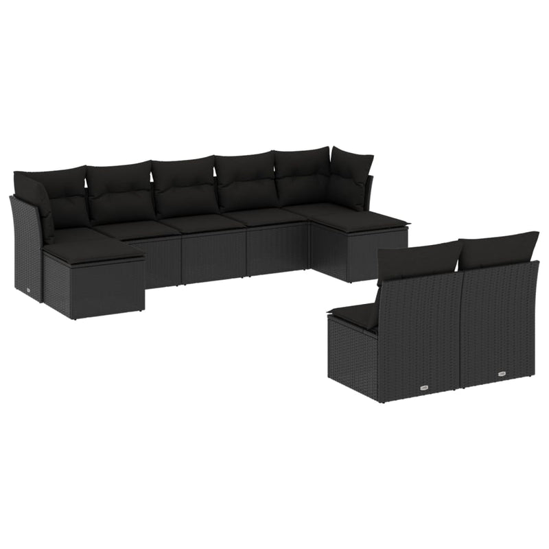 9-delige Loungeset met kussens poly rattan zwart