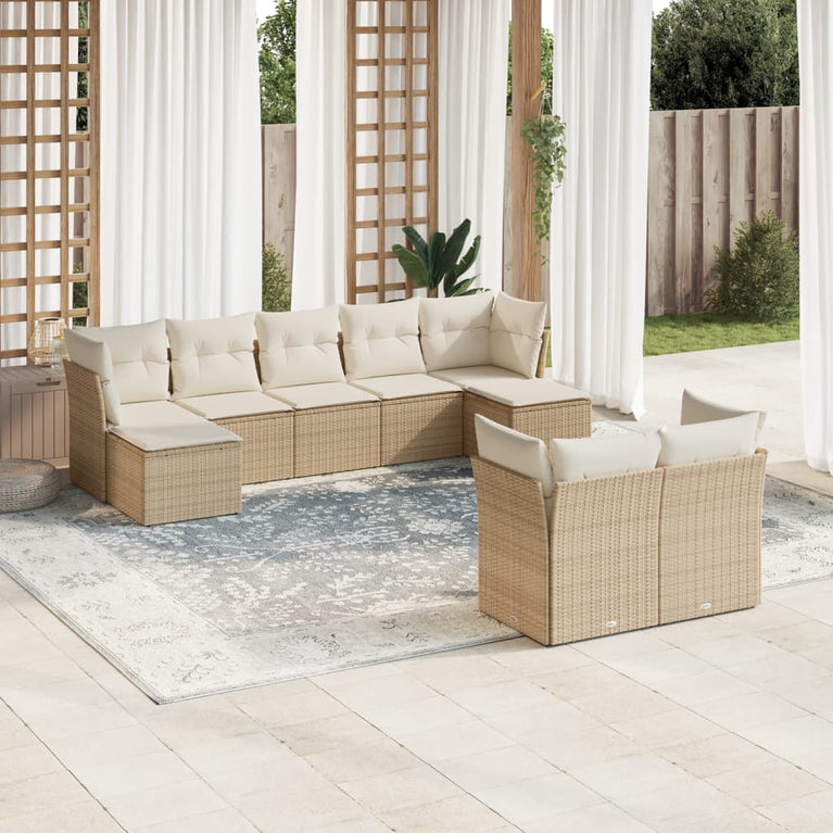 9-delige Loungeset met kussens poly rattan beige