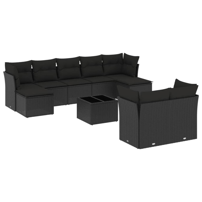 10-delige Loungeset met kussens poly rattan zwart
