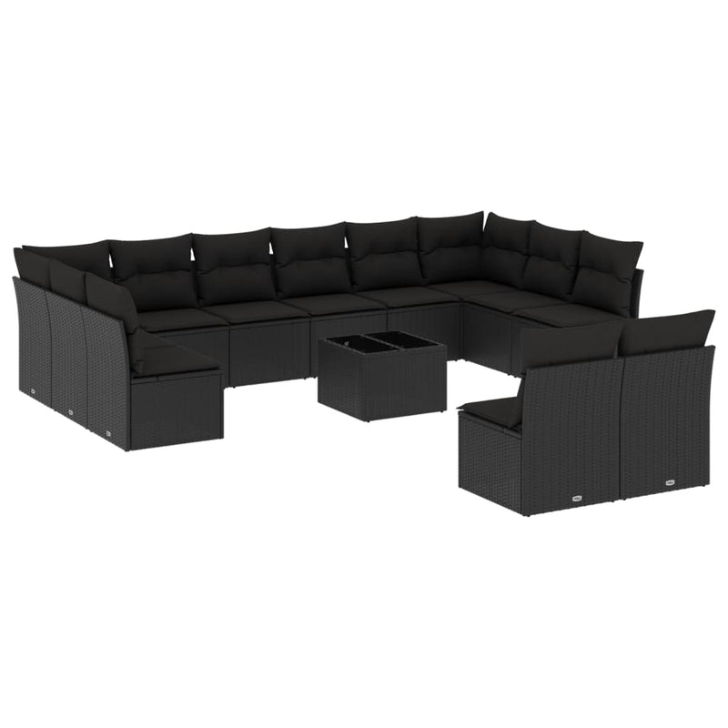 13-delige Loungeset met kussens poly rattan zwart