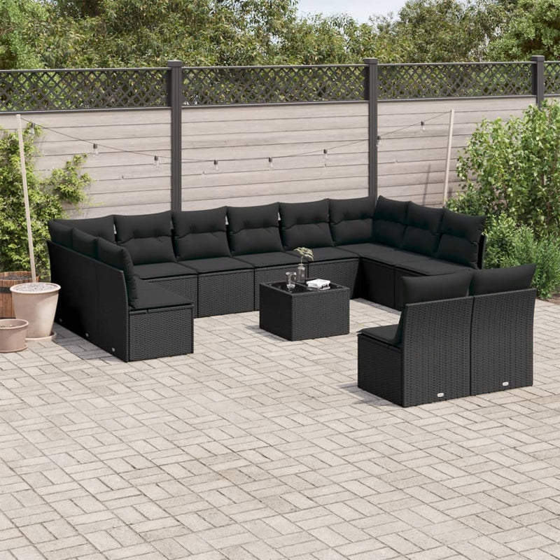 13-delige Loungeset met kussens poly rattan zwart