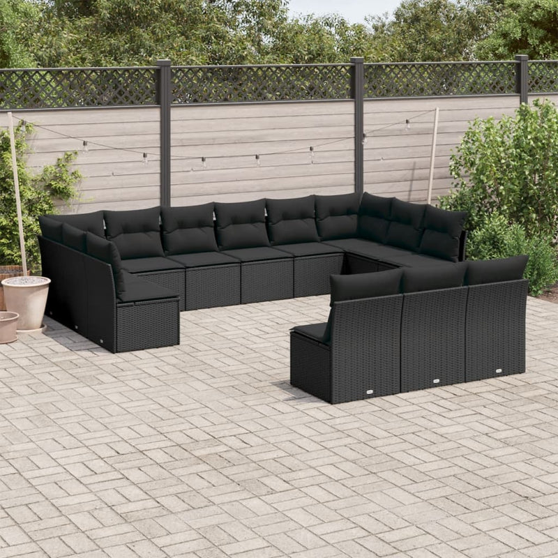 13-delige Loungeset met kussens poly rattan zwart