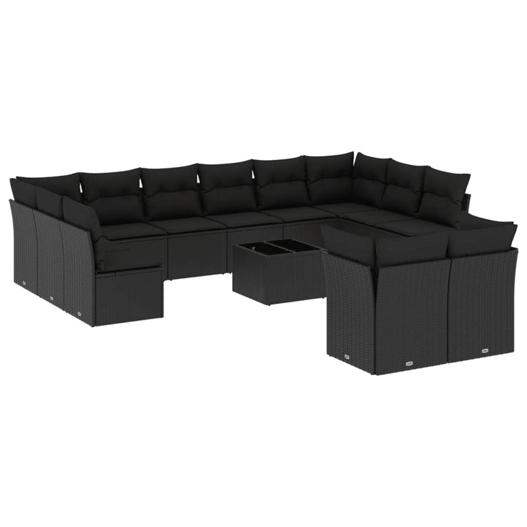 13-delige Loungeset met kussens poly rattan zwart