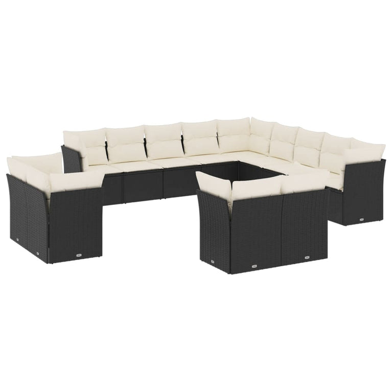 13-delige Loungeset met kussens poly rattan zwart