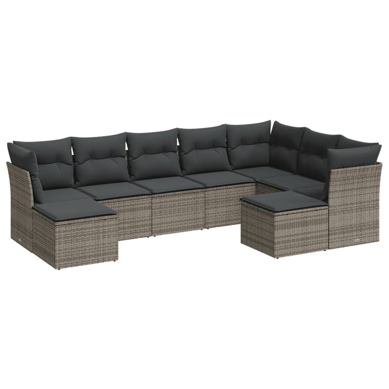 9-delige Loungeset met kussens poly rattan grijs