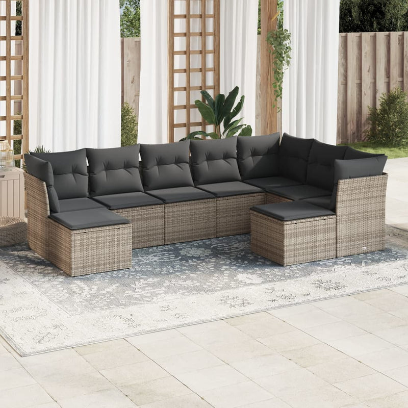 9-delige Loungeset met kussens poly rattan grijs