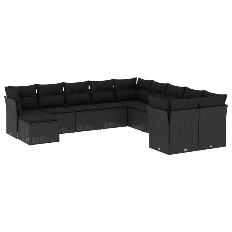 11-delige Loungeset met kussens poly rattan zwart