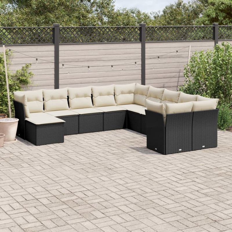 11-delige Loungeset met kussens poly rattan zwart