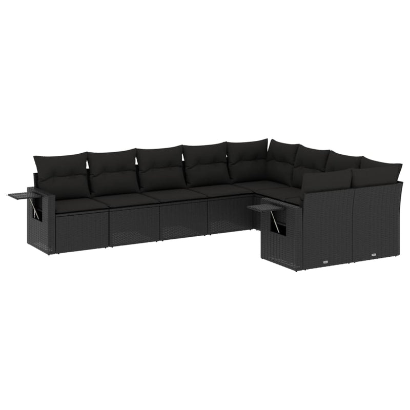 9-delige Loungeset met kussens poly rattan zwart