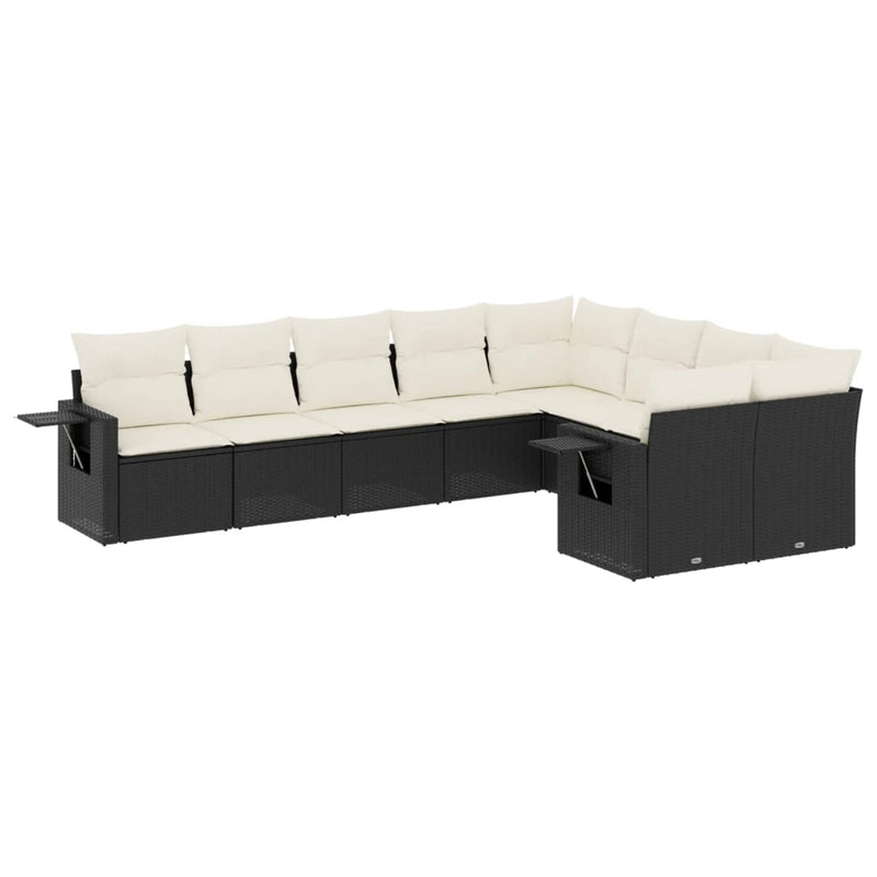 9-delige Loungeset met kussens poly rattan zwart