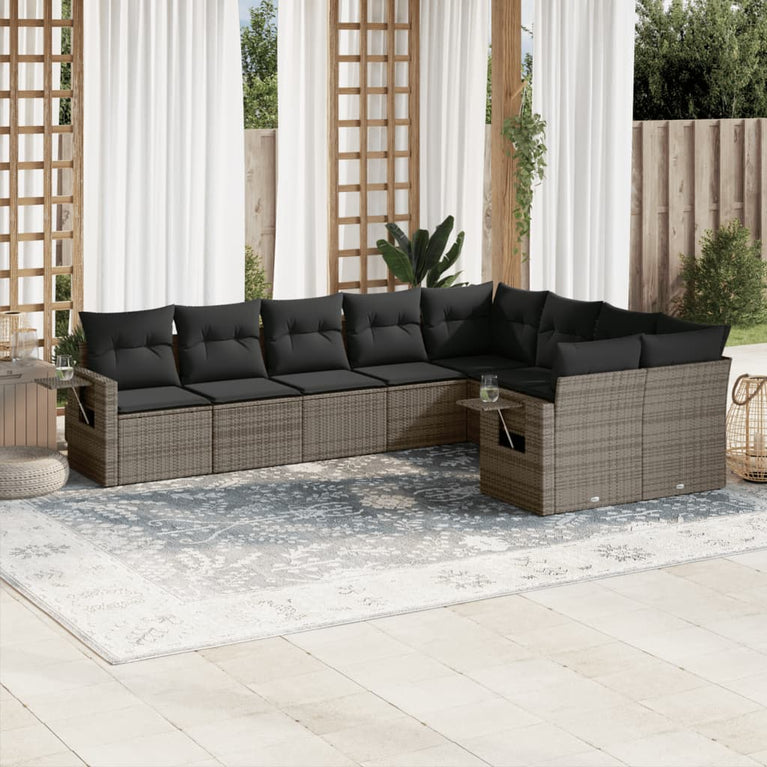 9-delige Loungeset met kussens poly rattan grijs