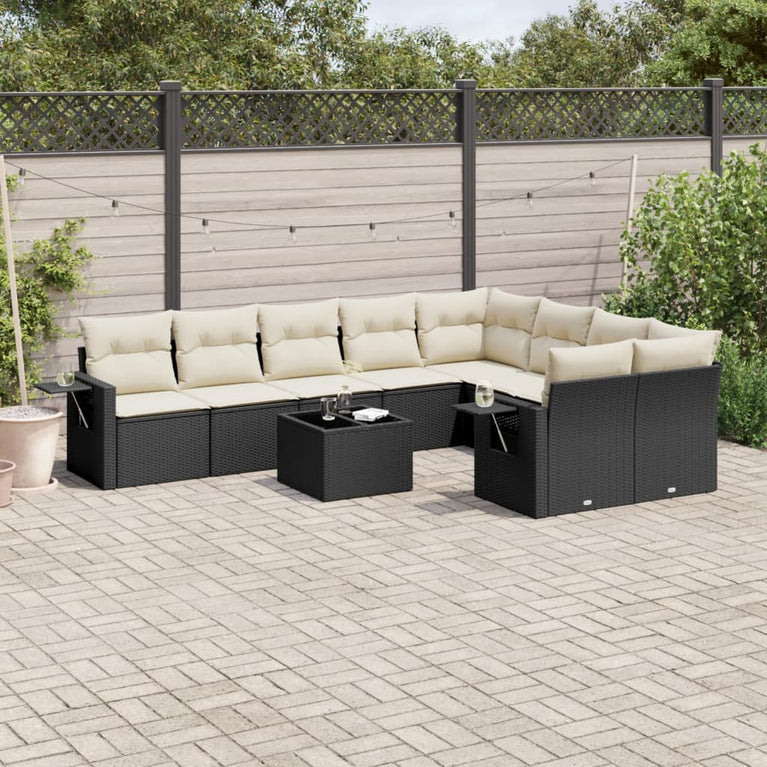 10-delige Loungeset met kussens poly rattan zwart